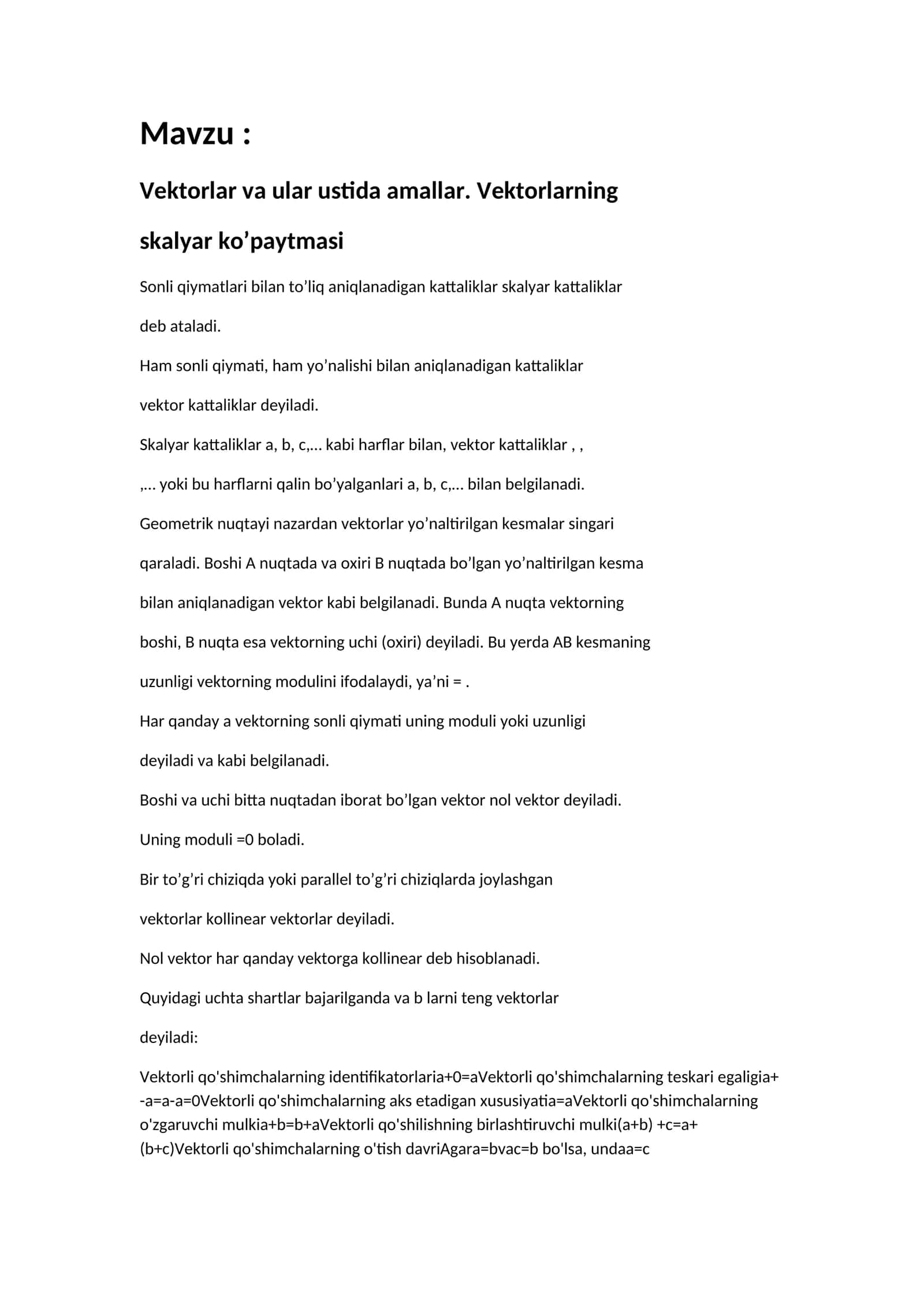 Vektorlar va ular ustida amallar 1