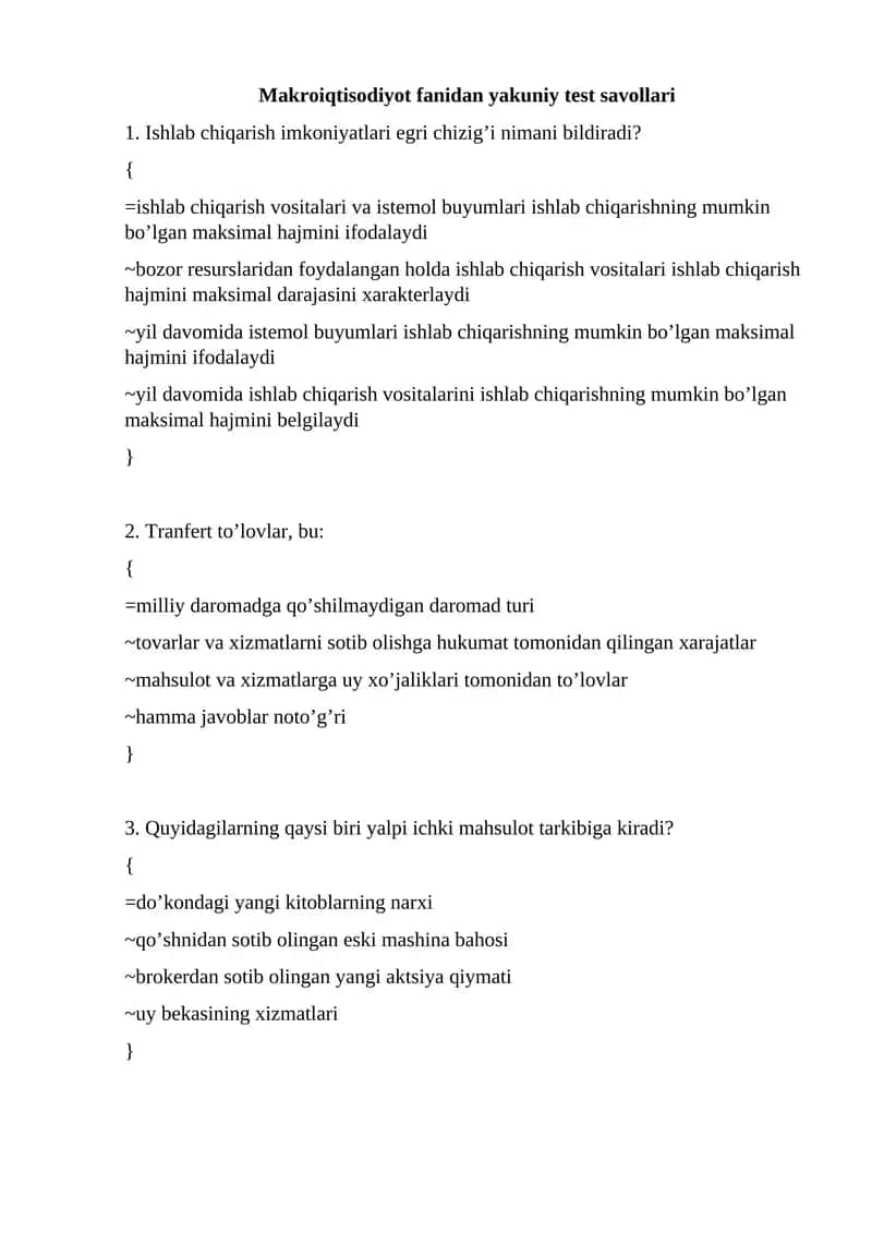Makroiqtisodiyot fanidan yakuniy test savollari 1