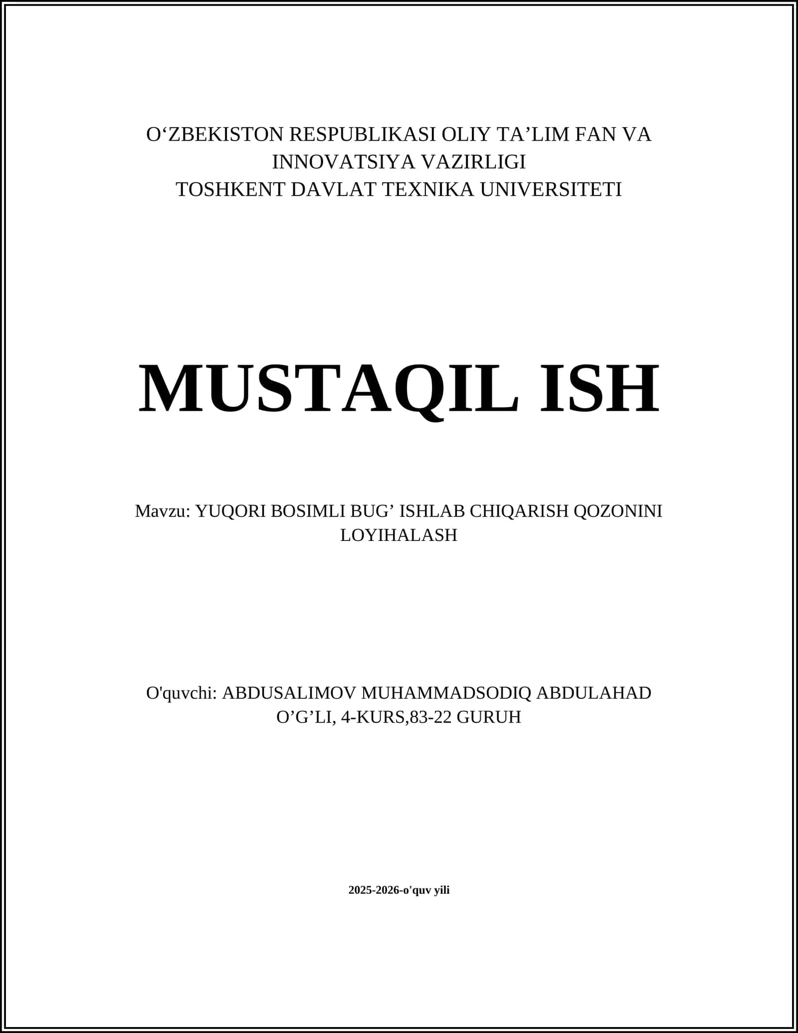YUQORI BOSIMLI BUG’ ISHLAB CHIQARISH QOZONINI LOYIHALASH 1