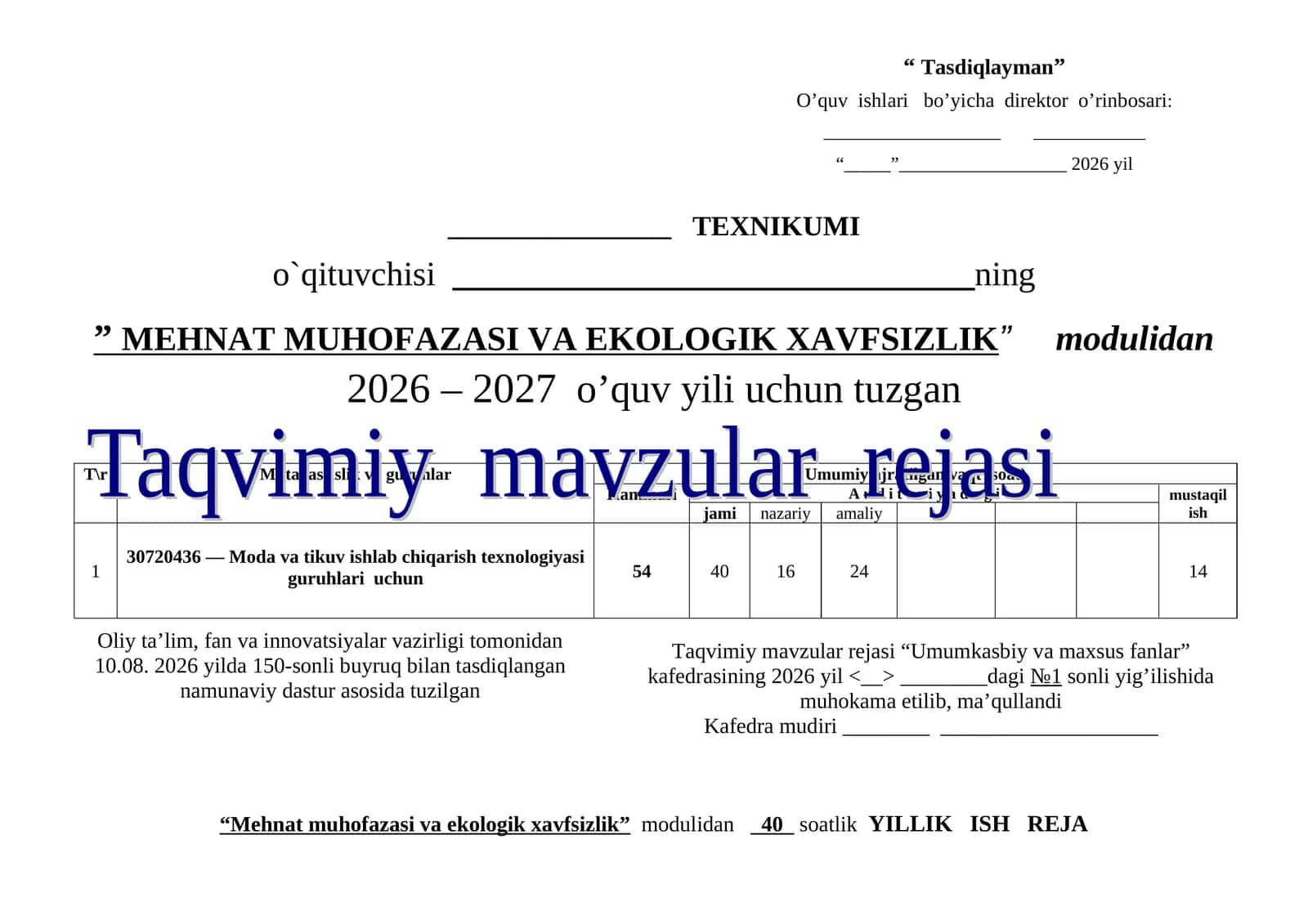 MEHNAT MUHOFAZASI VA EKOLOGIK XAVFSIZLIK modul taqvim mavzular rejasi 1