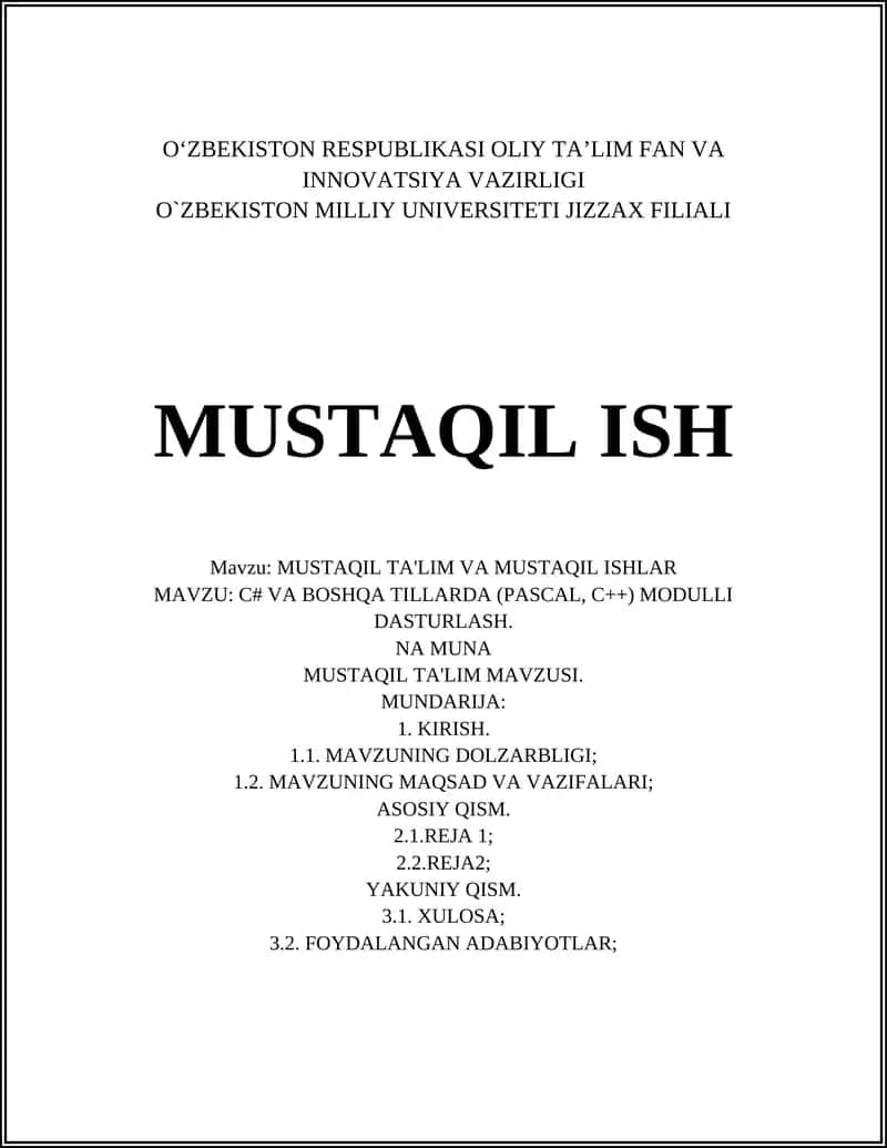 C# VA BOSHQA TILLARDA (PASCAL, C++) MODULLI DASTURLASH 1