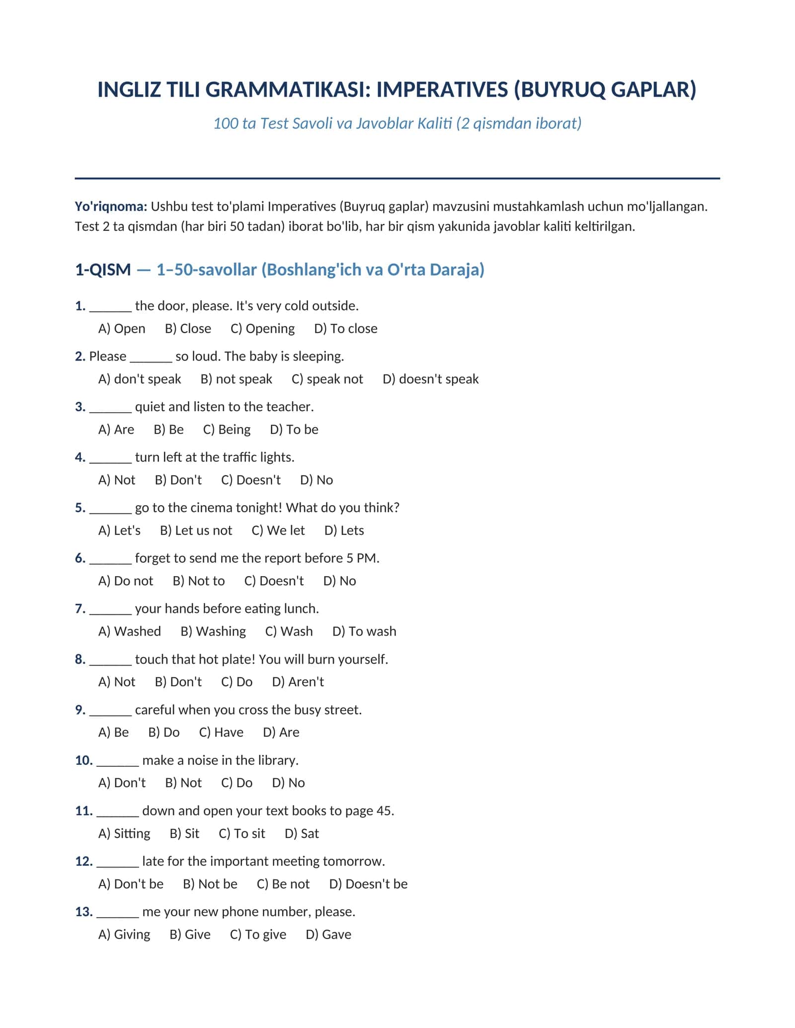 INGLIZ TILI GRAMMATIKASI: IMPERATIVES (BUYRUQ GAPLAR) 100 TALIK TEST JAVOBLARI BILAN 1