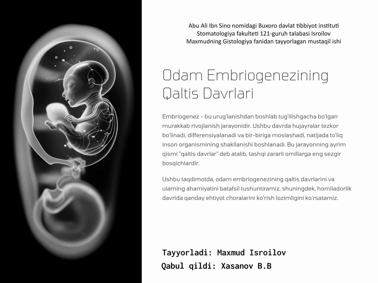 Odam Embriogenezining Qaltis Davrlari 1