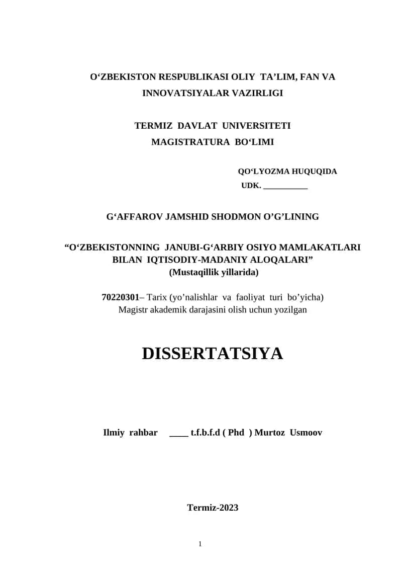 O‘ZBEKISTONNING JANUBI-G‘ARBIY OSIYO MAMLAKATLARI BILAN IQTISODIY-MADANIY ALOQALARI 1