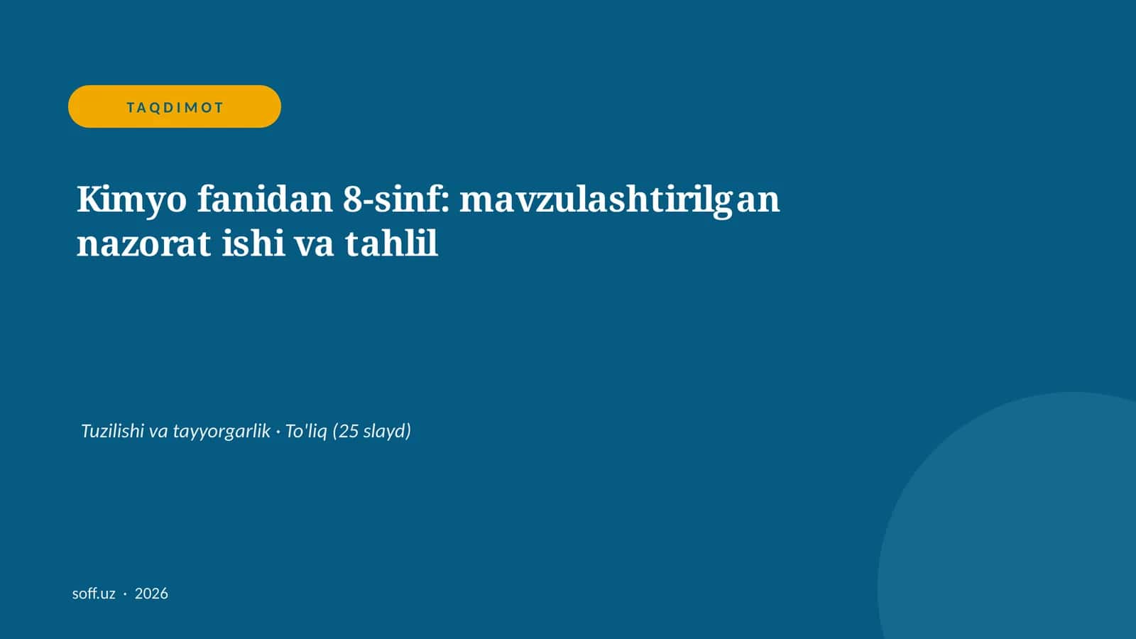 Kimyo fanidan 8-sinf: mavzulashtirilgan nazorat ishi va tahlil 1