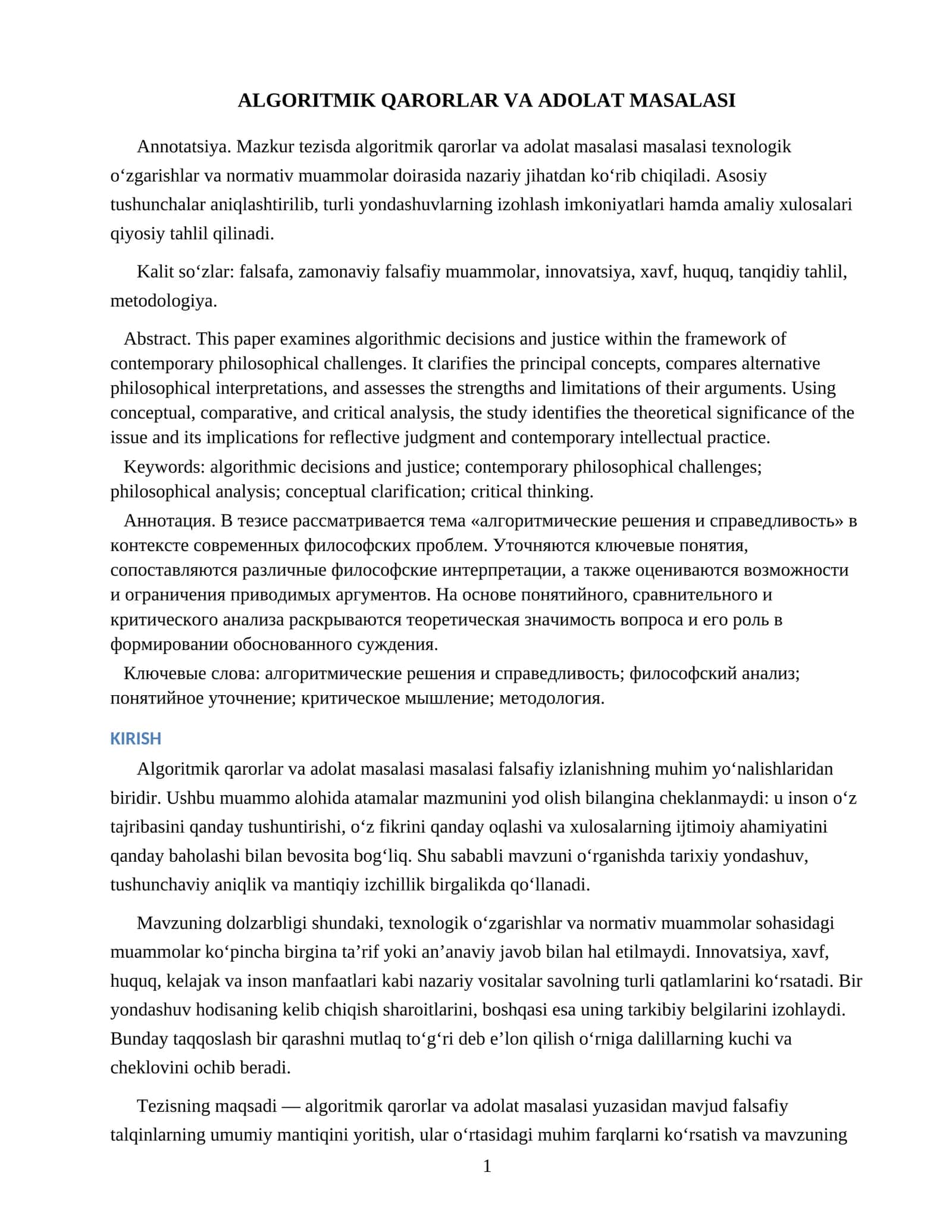 ALGORITMIK QARORLAR VA ADOLAT MASALASI 1