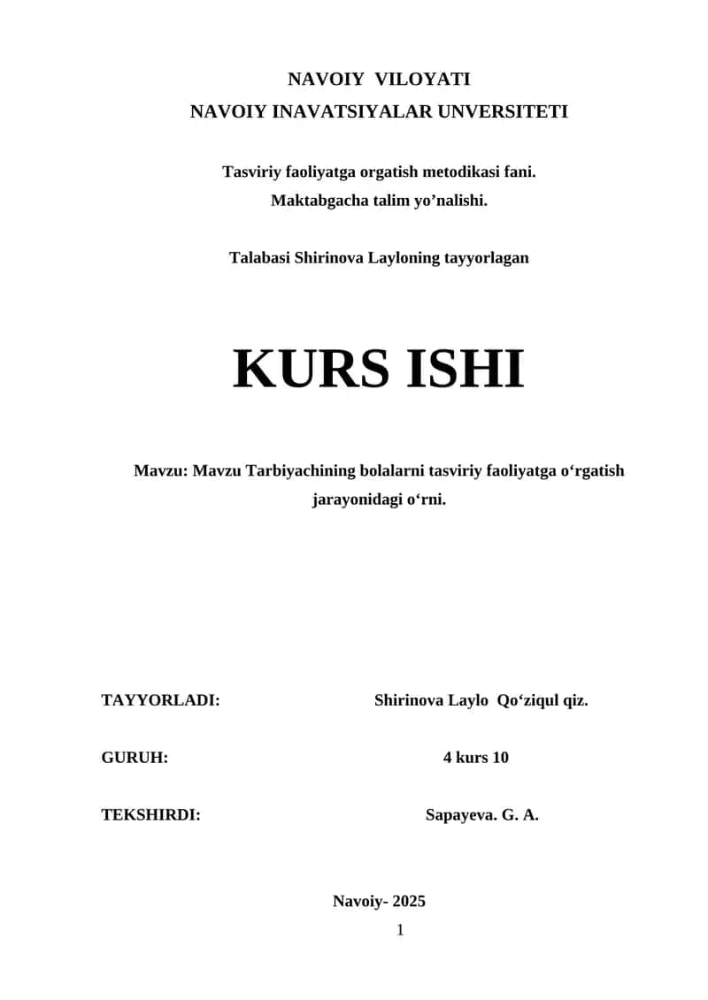 Tarbiyachining bolalarni tasviriy faoliyatga oʻrgatish jarayonidagi oʻrni. 1