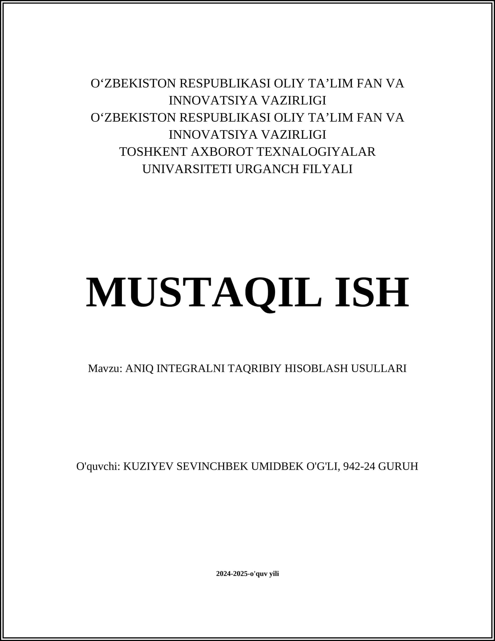 ANIQ INTEGRALNI TAQRIBIY HISOBLASH USULLARI 1