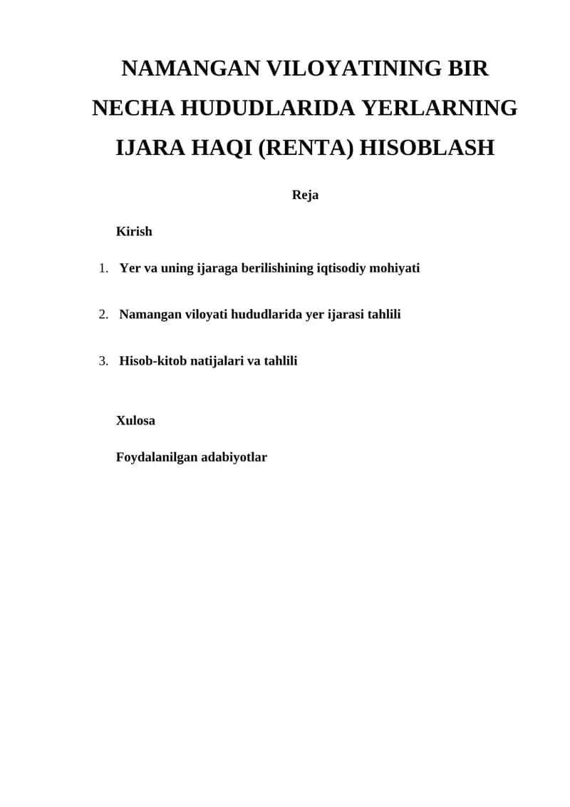 Yerlarning Ijara Haqi (Renta) Hisoblash 1