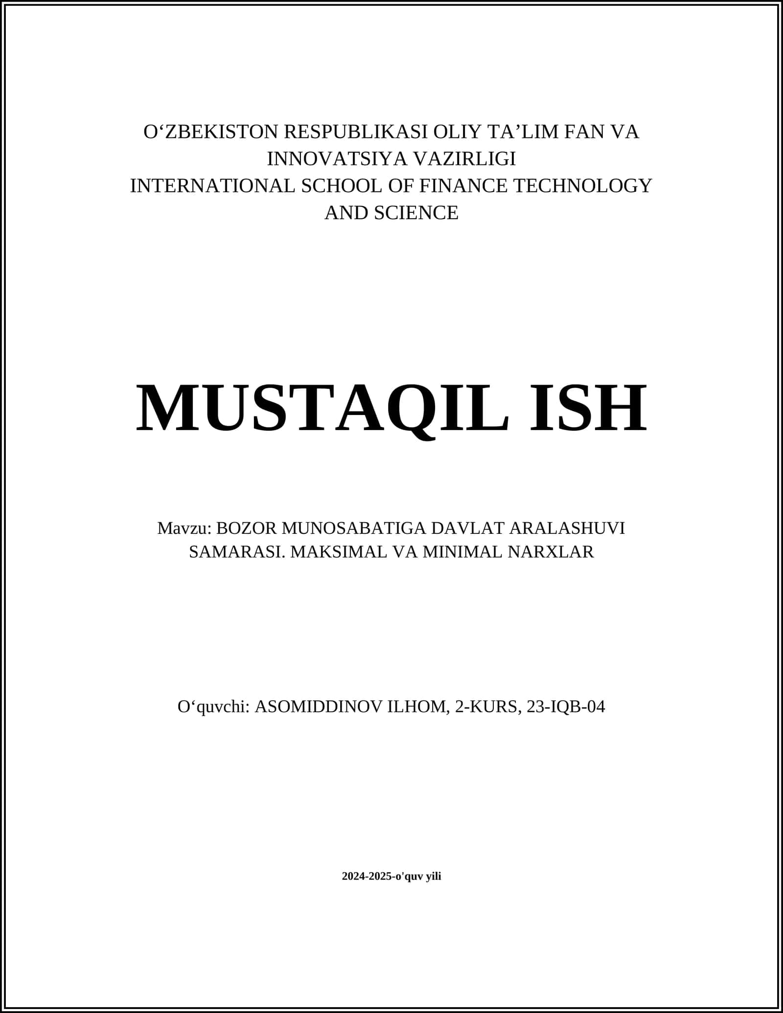 BOZOR MUNOSABATIGA DAVLAT ARALASHUVI SAMARASI. MAKSIMAL VA MINIMAL NARXLAR 1