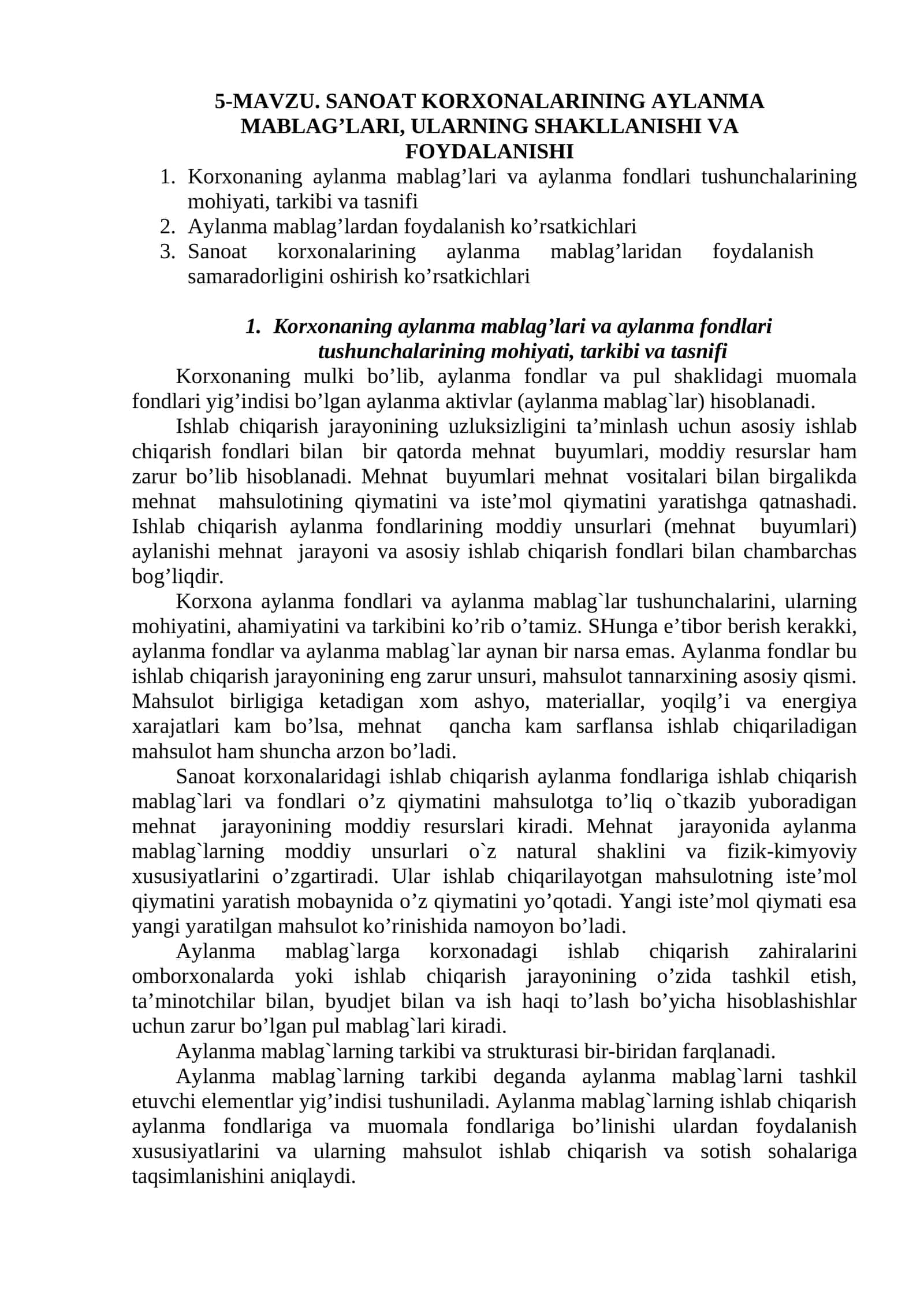 SANOAT KORXONALARINING AYLANMA MABLAG’LARI, ULARNING SHAKLLANISHI VA FOYDALANISHI 1