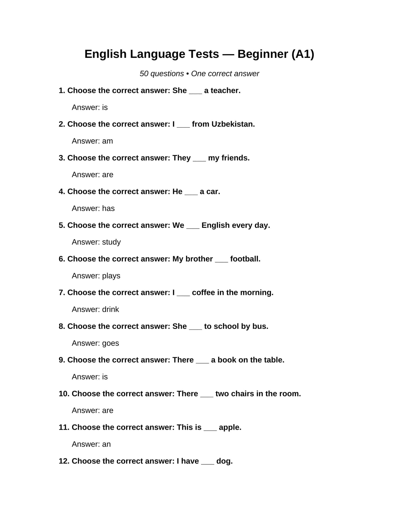 English Tests A1 — 50 Questions 1