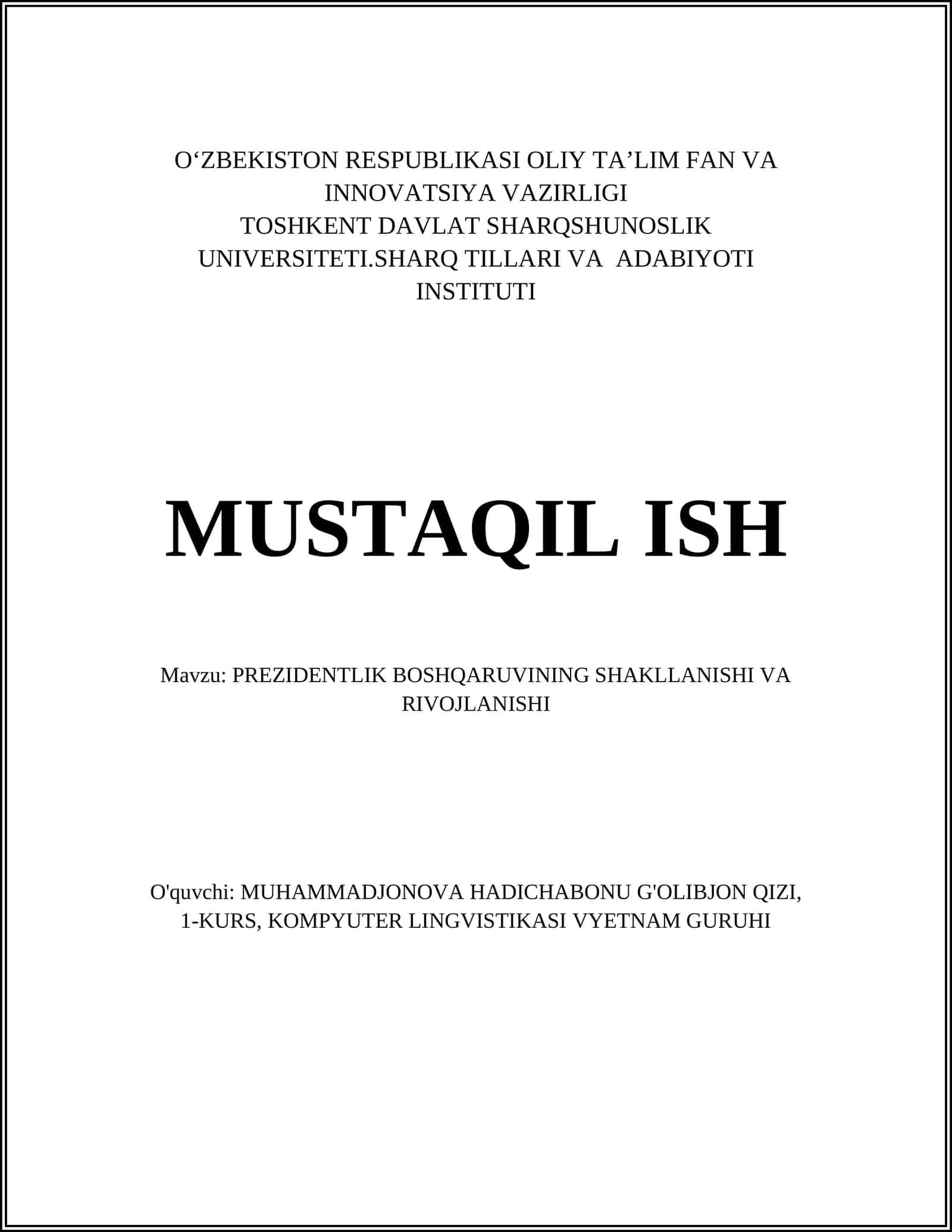 PREZIDENTLIK BOSHQARUVINING SHAKLLANISHI VA RIVOJLANISHI 1