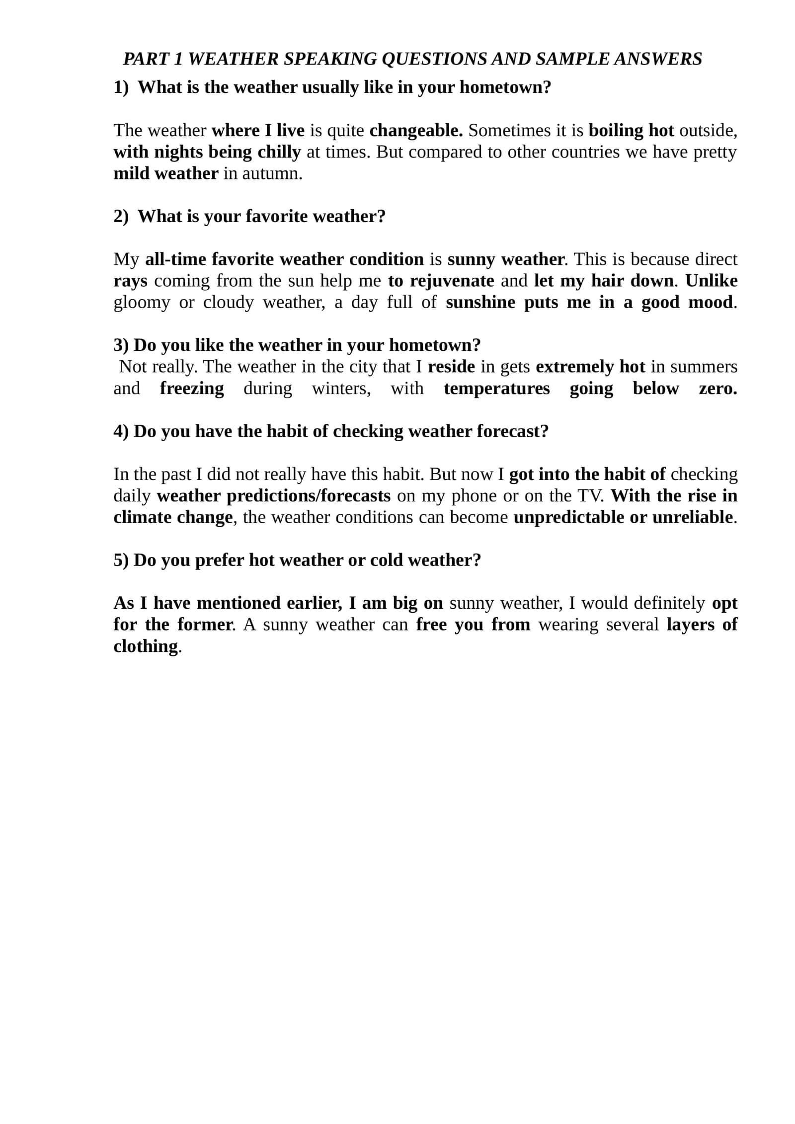 WEATHER SPEAKING QUESTIONS AND SAMPLE ANSWERS 1