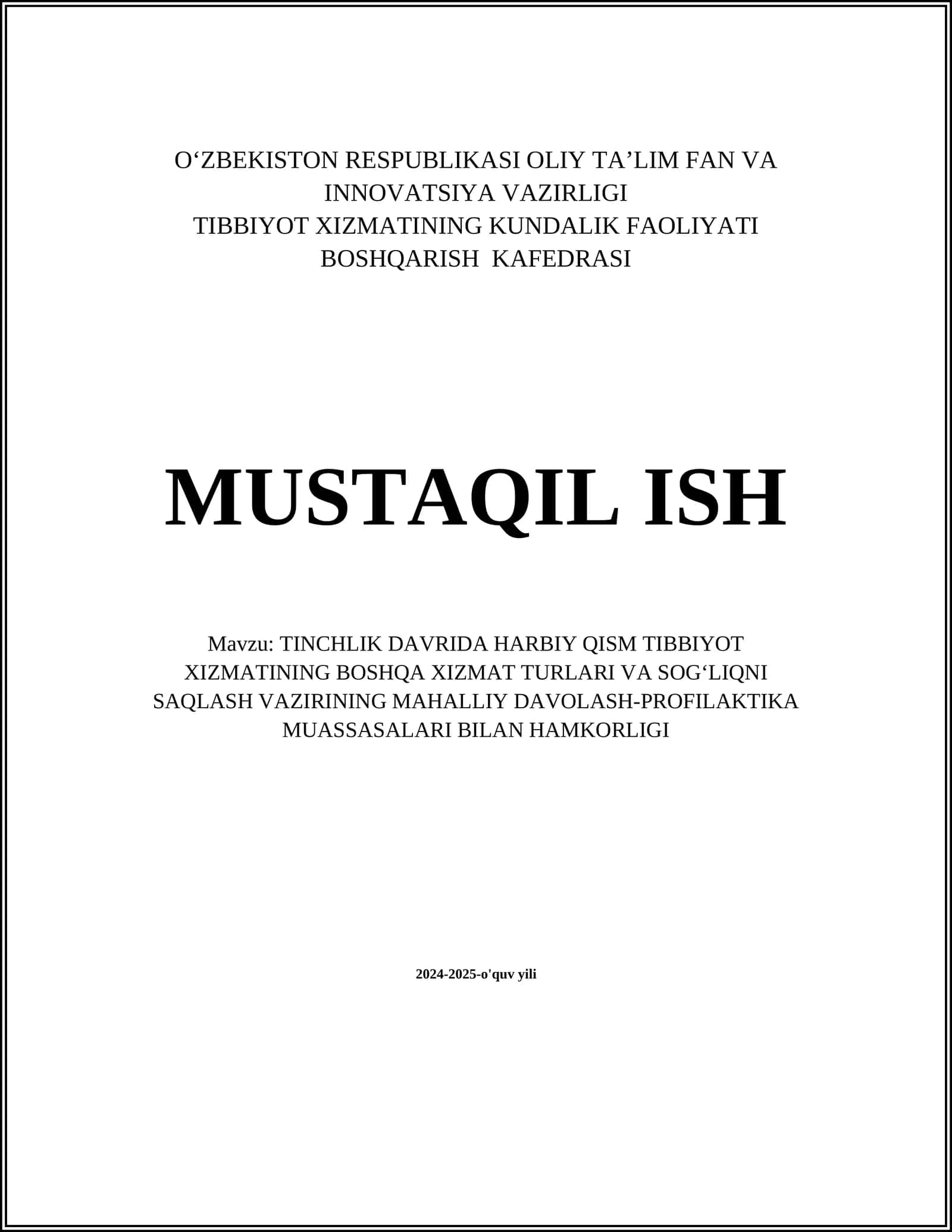TINCHLIK DAVRIDA HARBIY QISM TIBBIYOT XIZMATINING BOSHQA XIZMAT TURLARI VA SOGʻLIQNI SAQLASH VAZIRINING MAHALLIY DAVOLASH-PROFILAKTIKA MUASSASALARI BILAN HAMKORLIGI 1