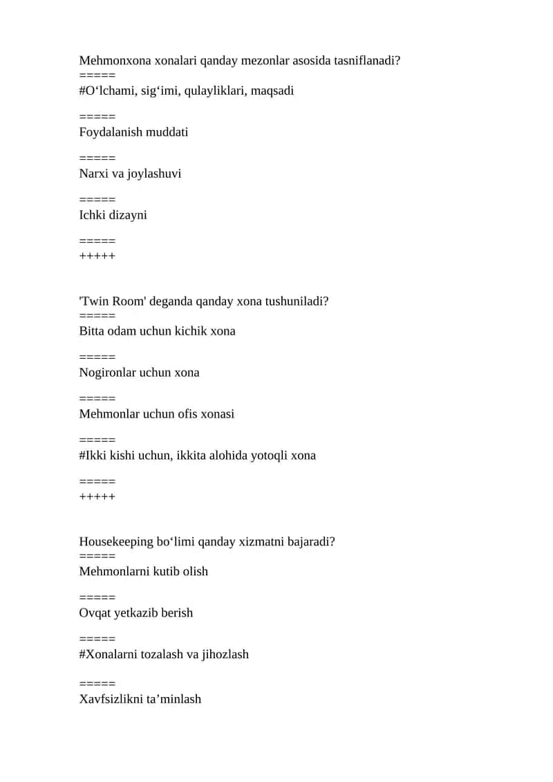 Test Xonalar bo'limini boshqarish 1