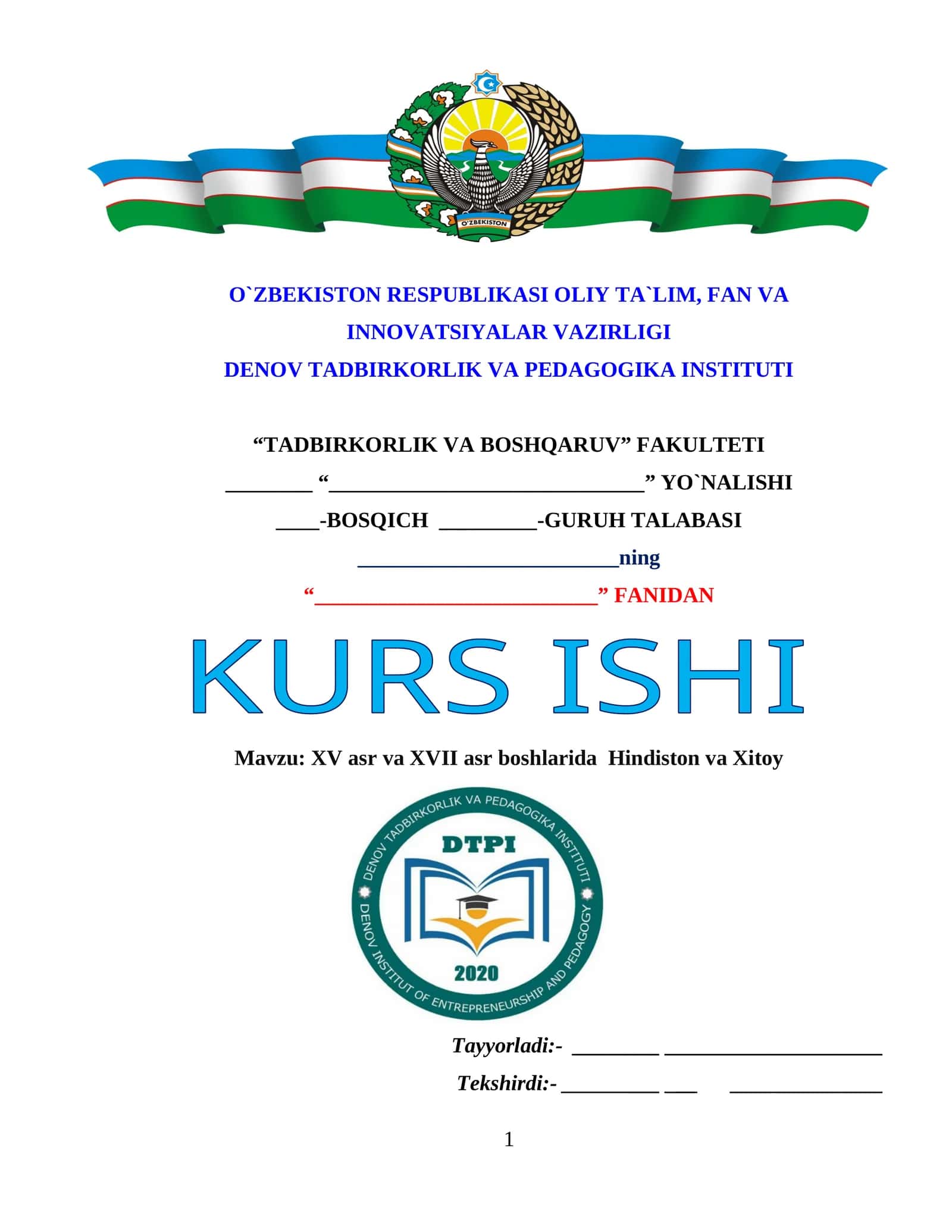 KURS ISHI: TADBIRKORLIK VA BOSHQARUV FANIDAN 1