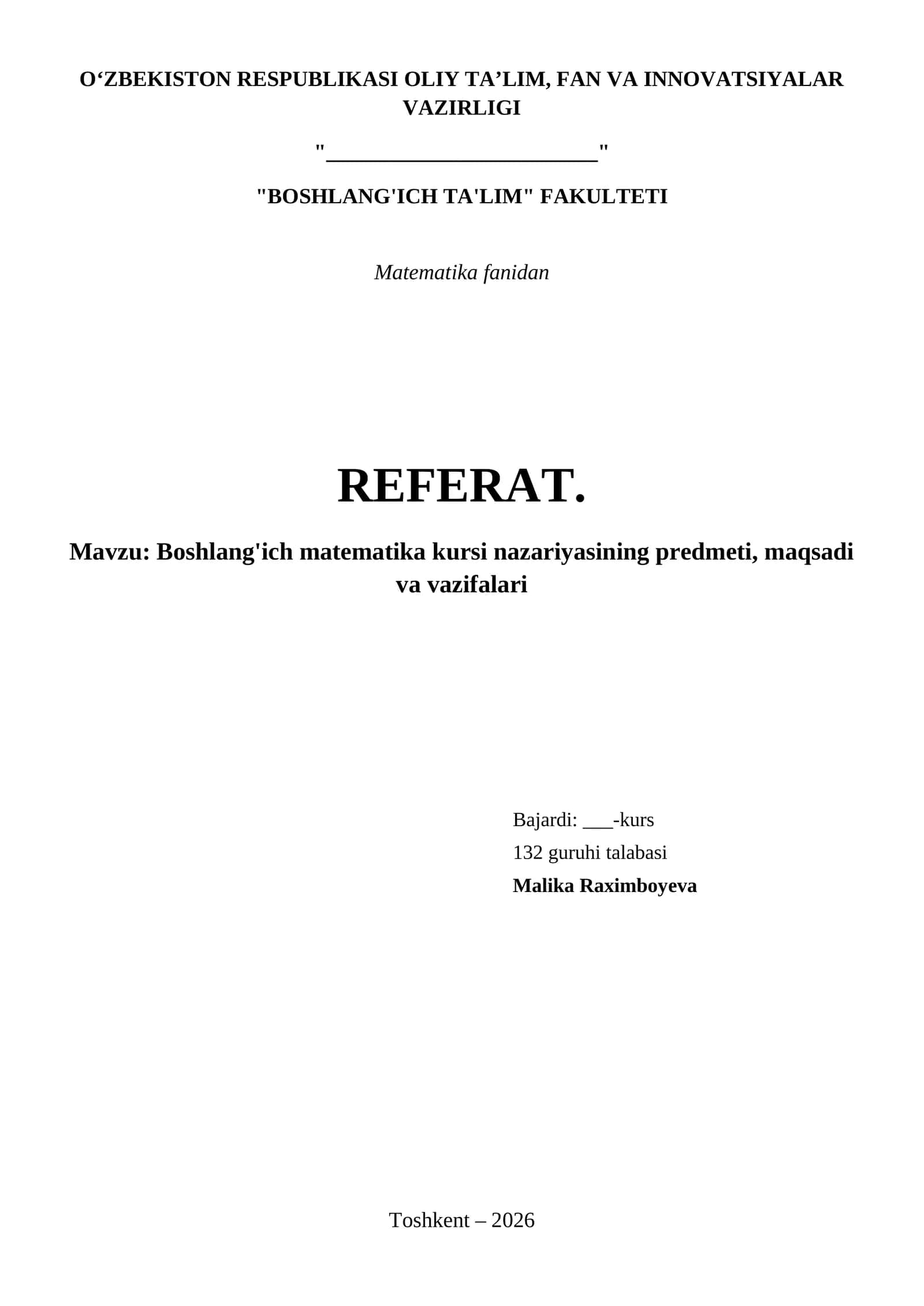 Boshlang'ich matematika kursi nazariyasining predmeti, maqsadi va vazifalari 1