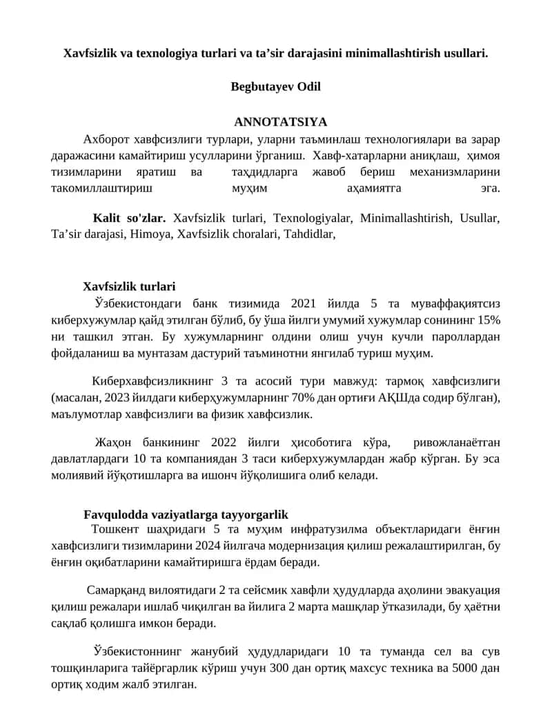 Xavfsizlik va texnologiya turlari va ta’sir darajasini minimallashtirish usullari 1
