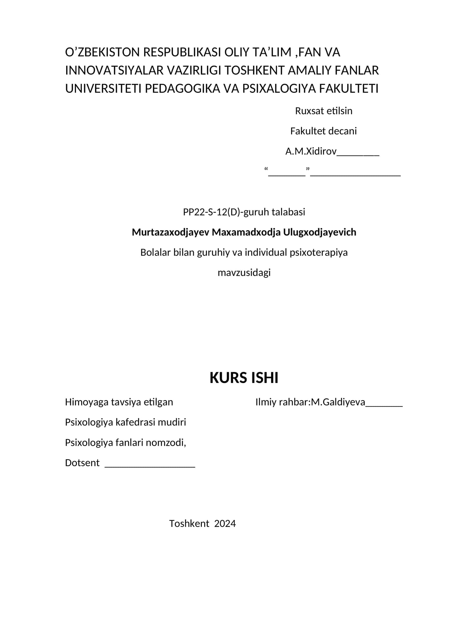 Bolalar bilan guruhiy va individual psixoterapiya kurs ishi 1