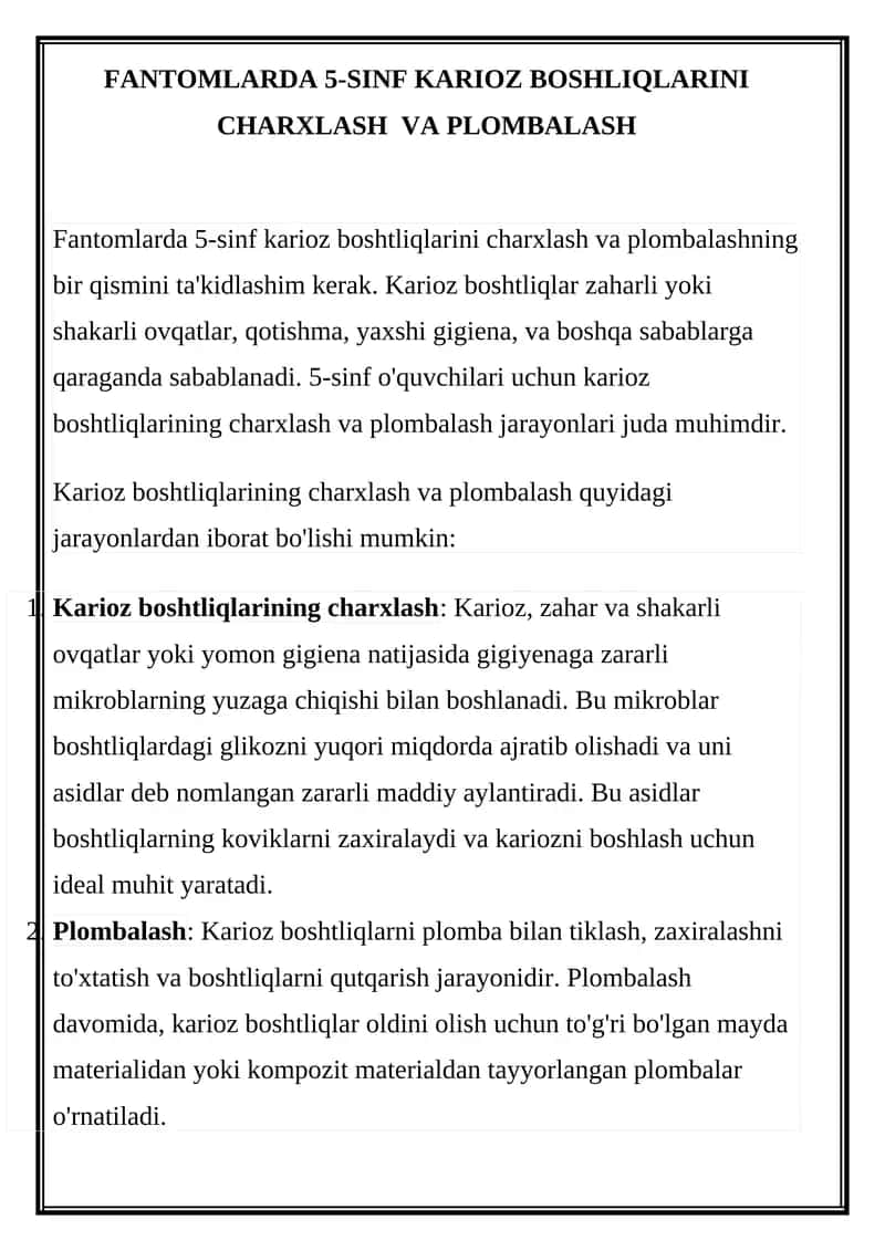 Fantomlarda 5-sinf karioz boshtliqlarini charxlash va plombalash 1