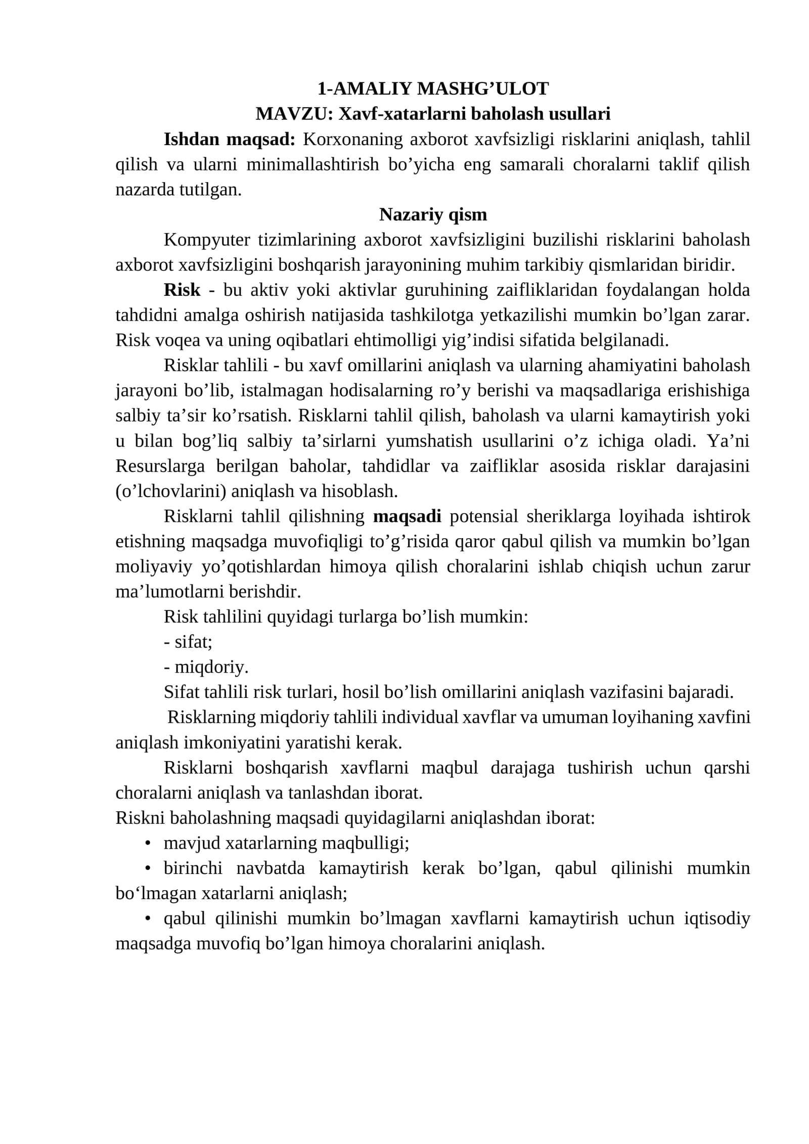 Xavf-xatarlarni baholash usullari 1