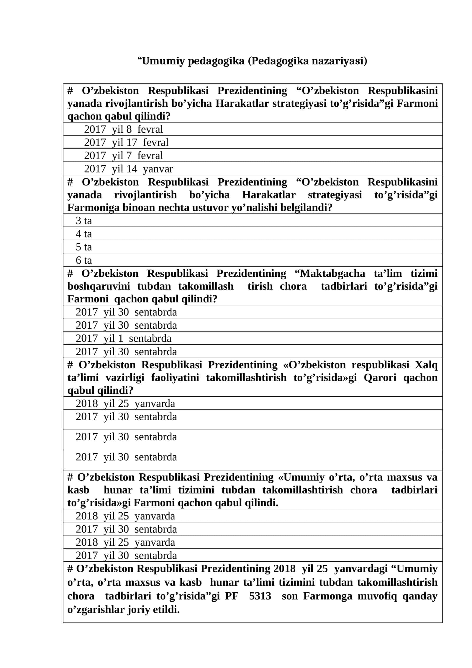 Umumiy pedagogika (Pedagogika nazariyasi) fanidan test savollari 1