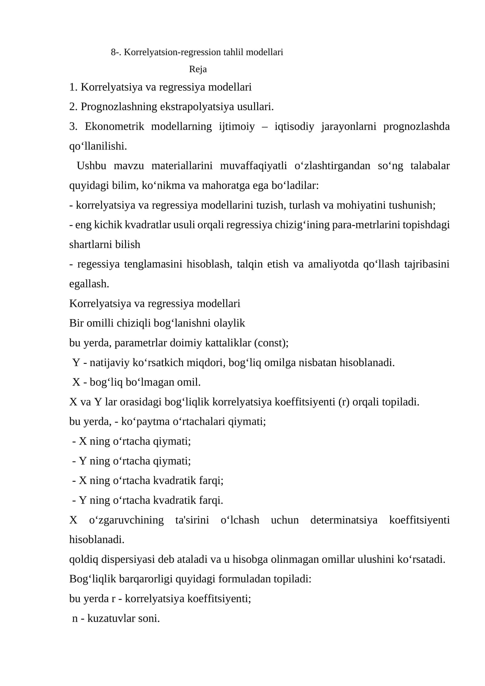 Korrelyatsion-regression tahlil modellari 1