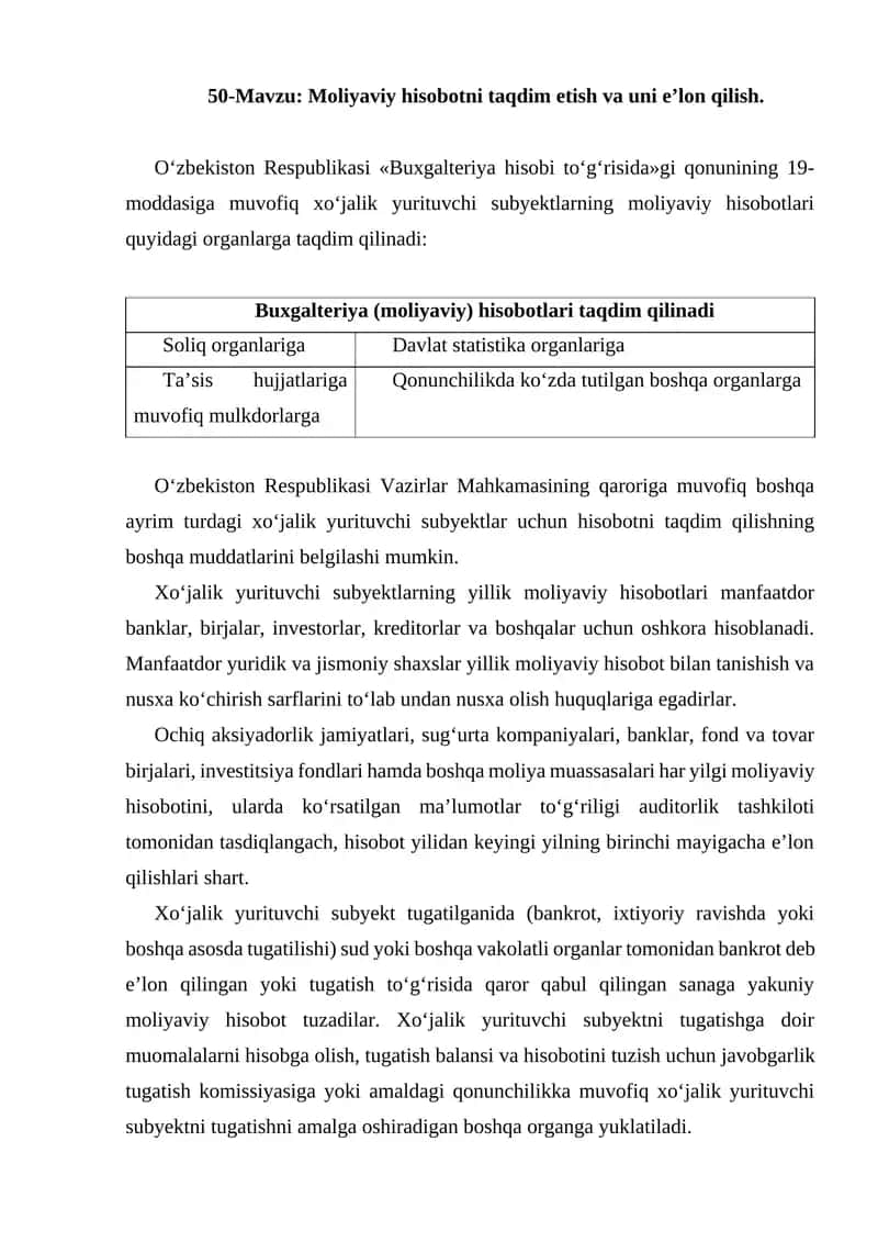 Moliyaviy hisobotni taqdim etish va uni e’lon qilish 1