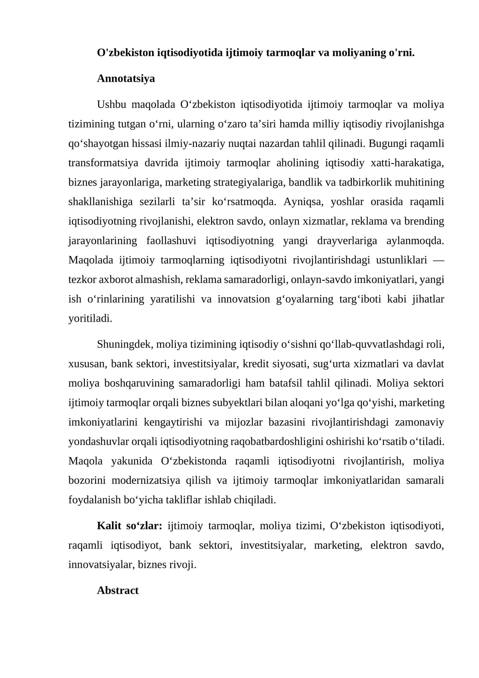 O'zbekiston iqtisodiyotida ijtimoiy tarmoqlar va moliyaning o'rni 1