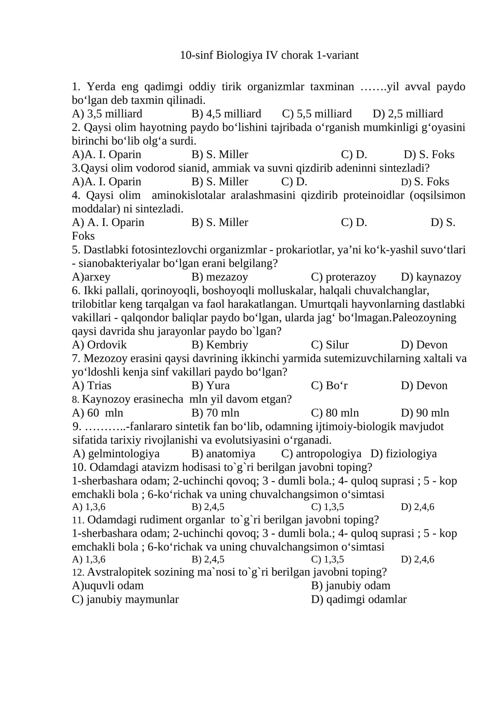 10-sinf Biologiya IV chorak 1-variant 1