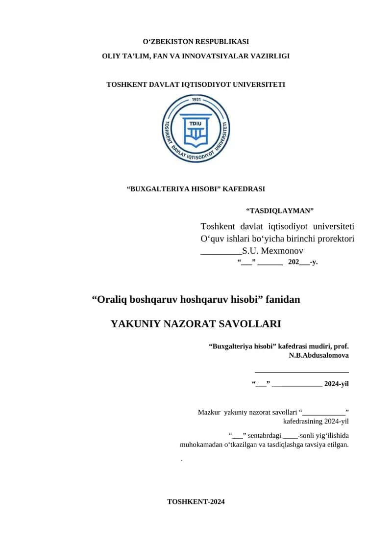 Oraliq boshqaruv hisobi testlar 1