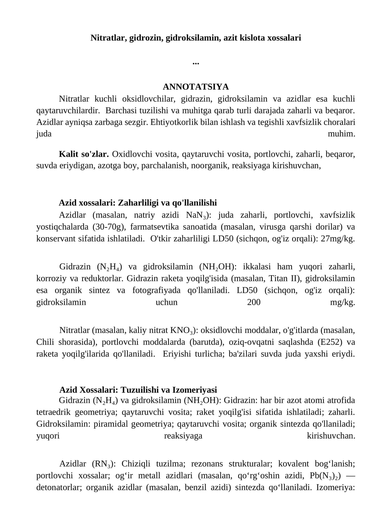 Azidlar va ularning xossalari 1