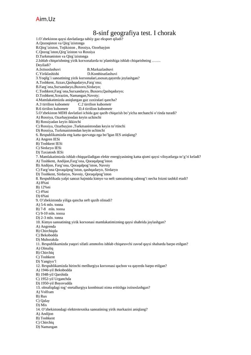 8-sinf geografiya test. I chorak 1