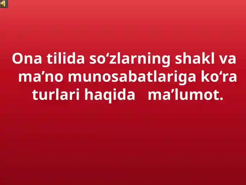 Ona tilida so‘zlarning shakl va ma’no munosabatlariga ko‘ra turlari haqida   ma’lumot.