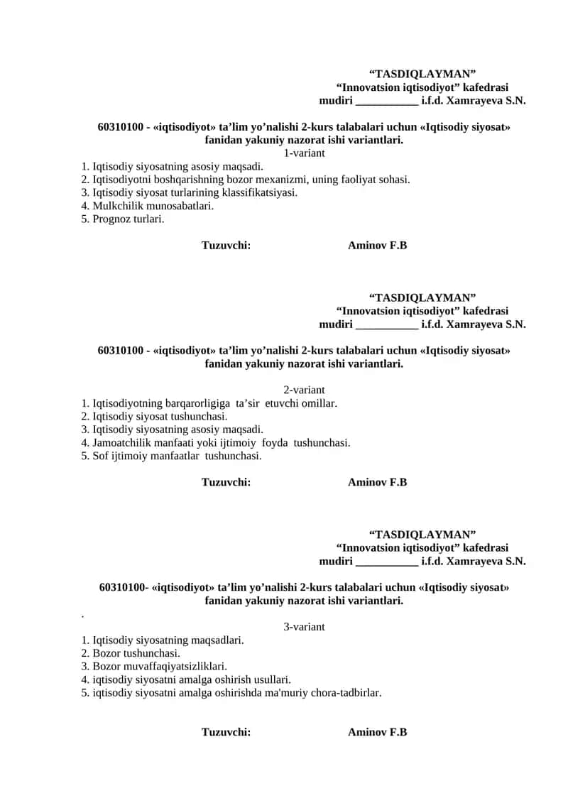 Iqtisodiy Siyosat Yakuniy Nazorat Ishlari 1