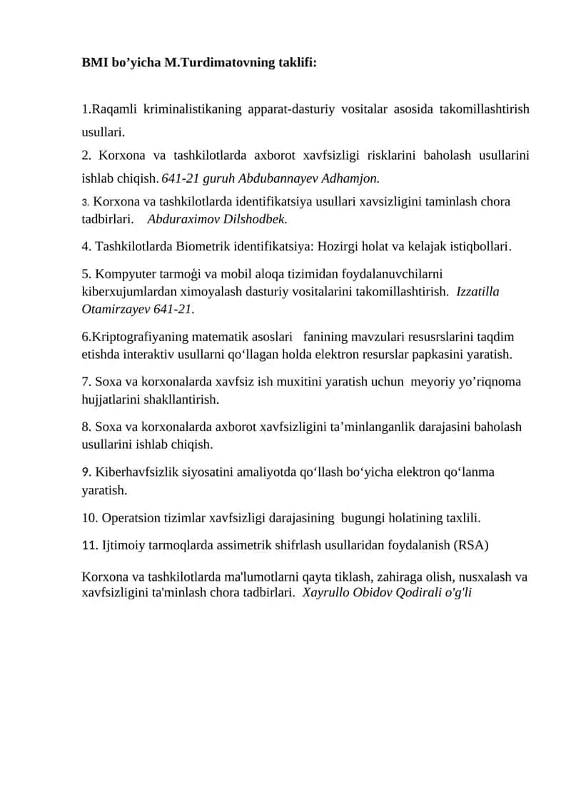 BMI bo’yicha M.Turdimatovning taklifi 1