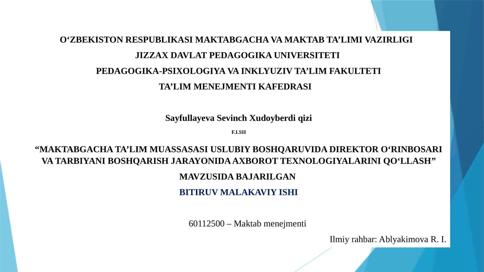 MAKTABGACHA TA’LIM MUASSASASI USLUBIY BOSHQARUVIDA DIREKTOR O‘RINBOSARI VA TARBIYANI BOSHQARISH JARAYONIDA AXBOROT TEXNOLOGIYALARINI QO‘LLASH 1