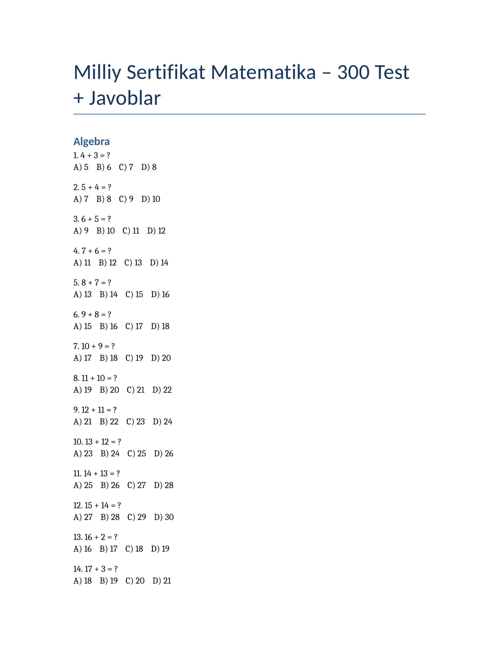 Milliy Sertifikat Matematika – 300 Test + Javoblar 1