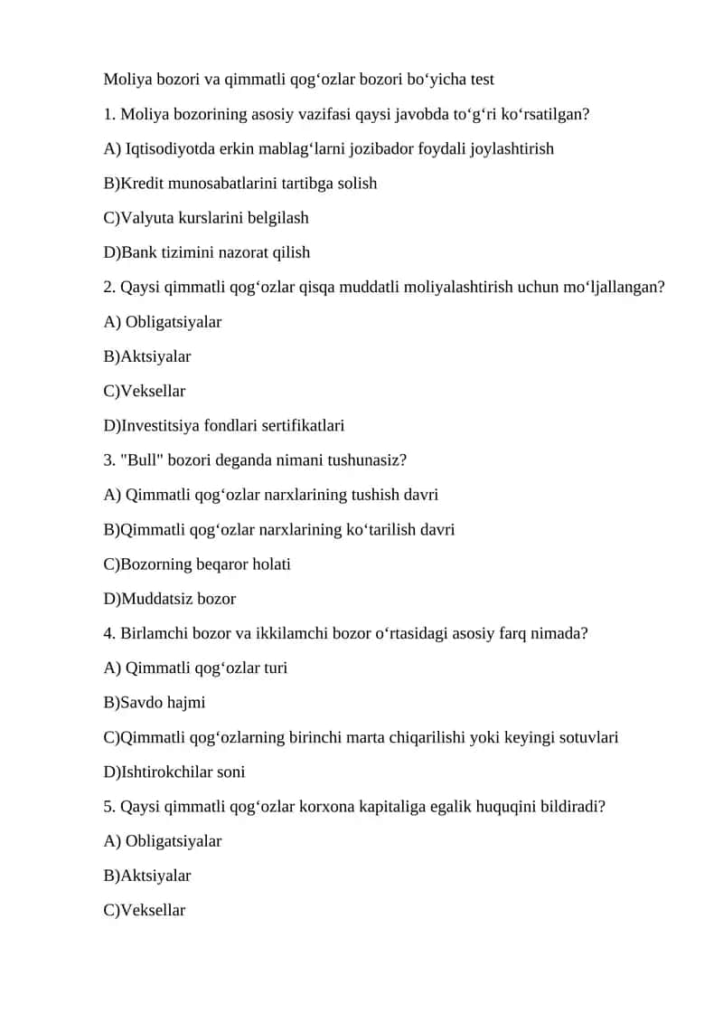 Moliya bozori va qimmatli qogʻozlar bozori boʻyicha test 1