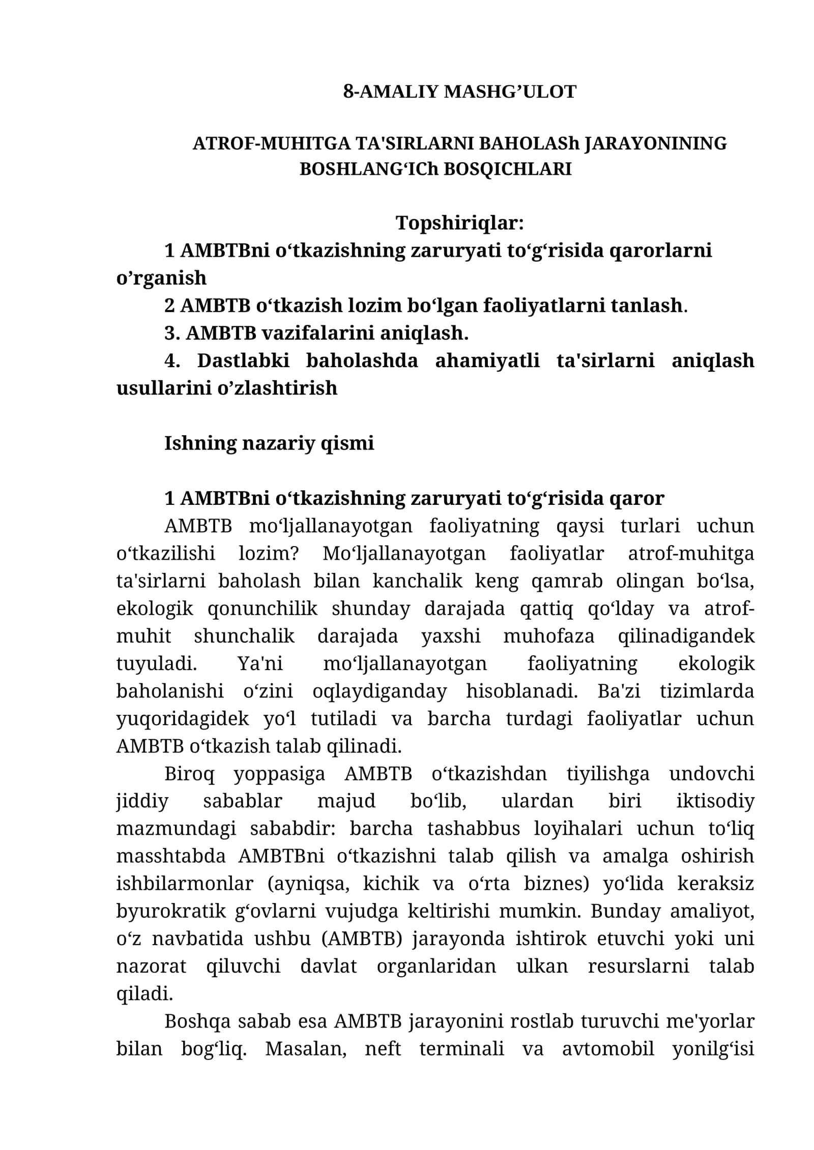 ATROF-MUHITGA TA'SIRLARNI BAHOLASh JARAYONINING BOSHLANG‘ICh BOSQICHLARI 1