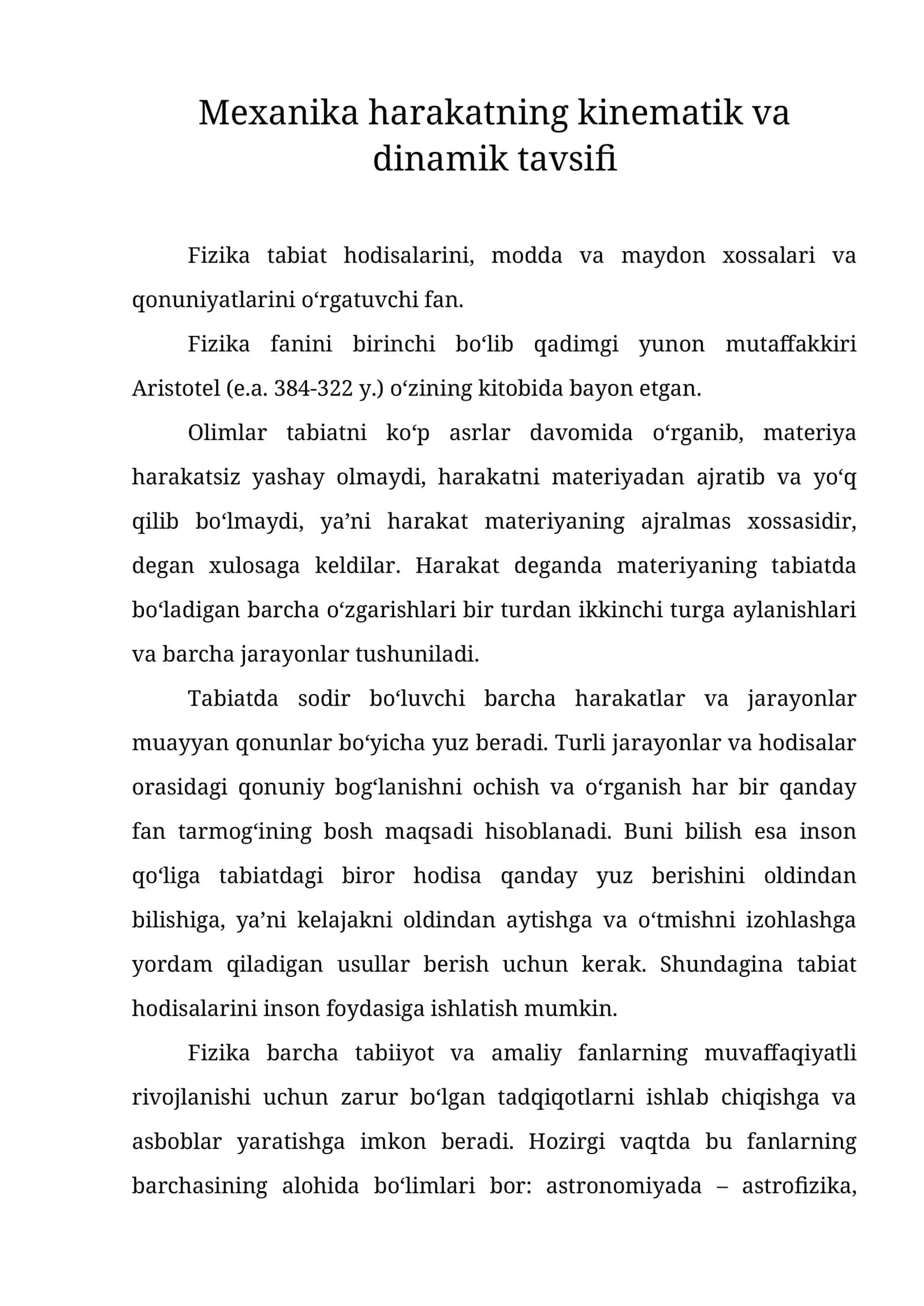 Mexanika harakatning kinematik va dinamik tavsifi 1