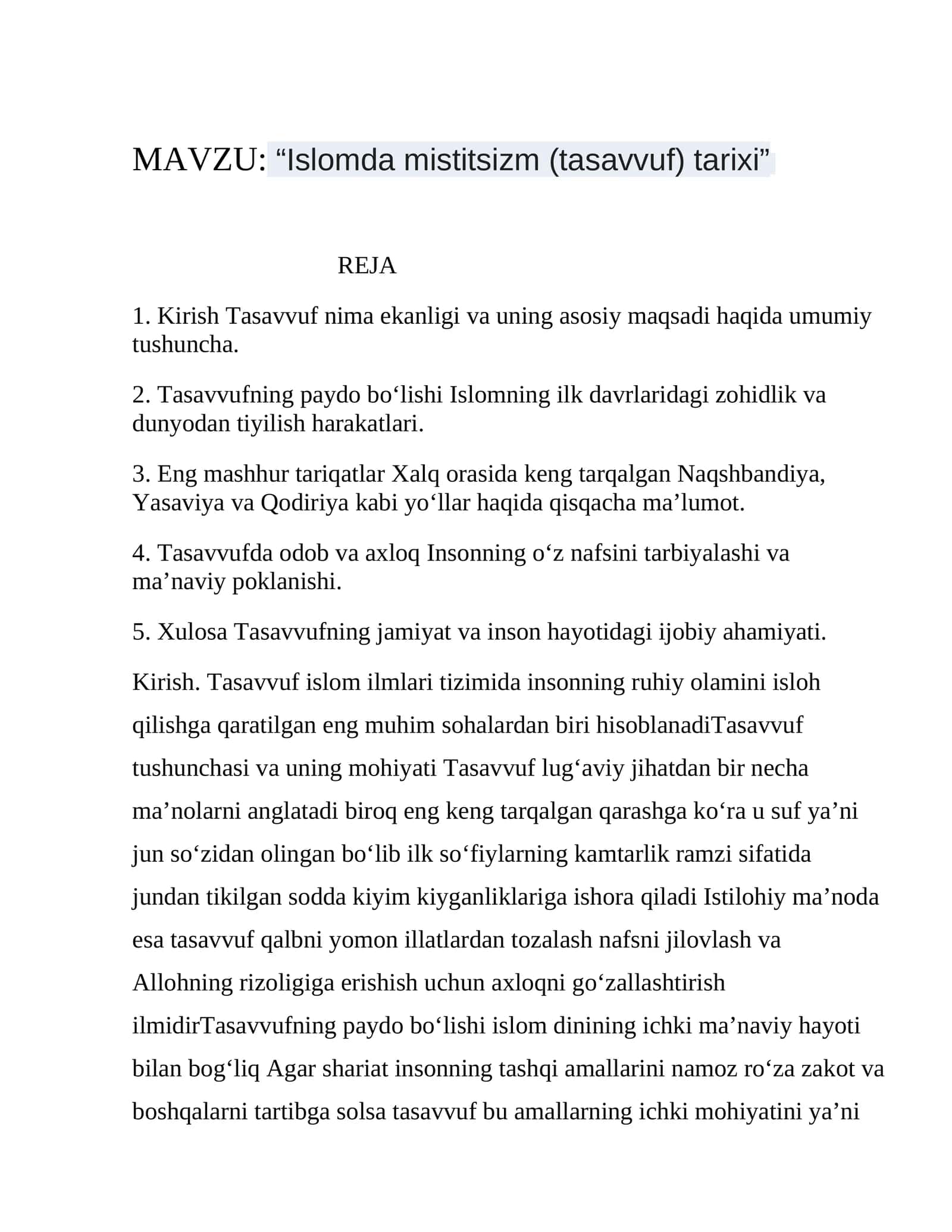 Islomda mistitsizm (tasavvuf) tarixi 1