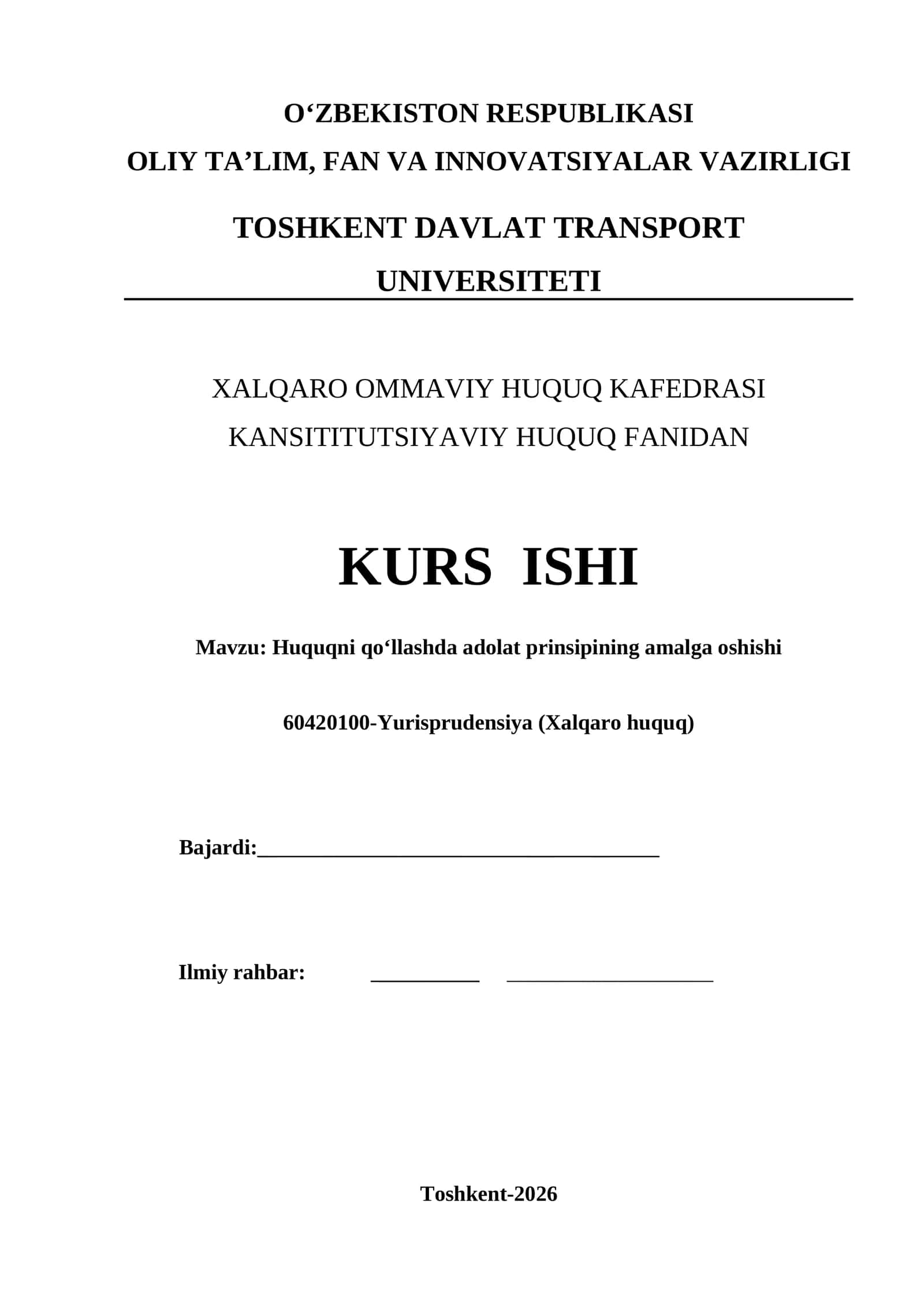 Huquqni qo‘llashda adolat prinsipining amalga oshishi kurs ishi 1