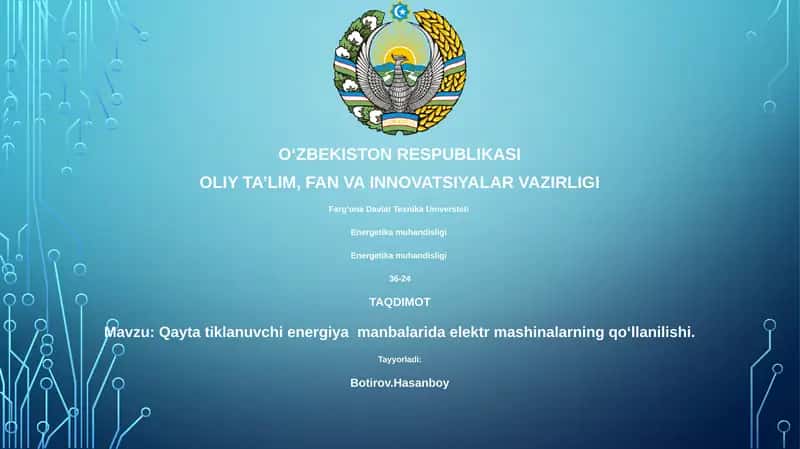 Qayta tiklanuvchi energiya manbalarida elektr mashinalarning qoʻllanilishi 1