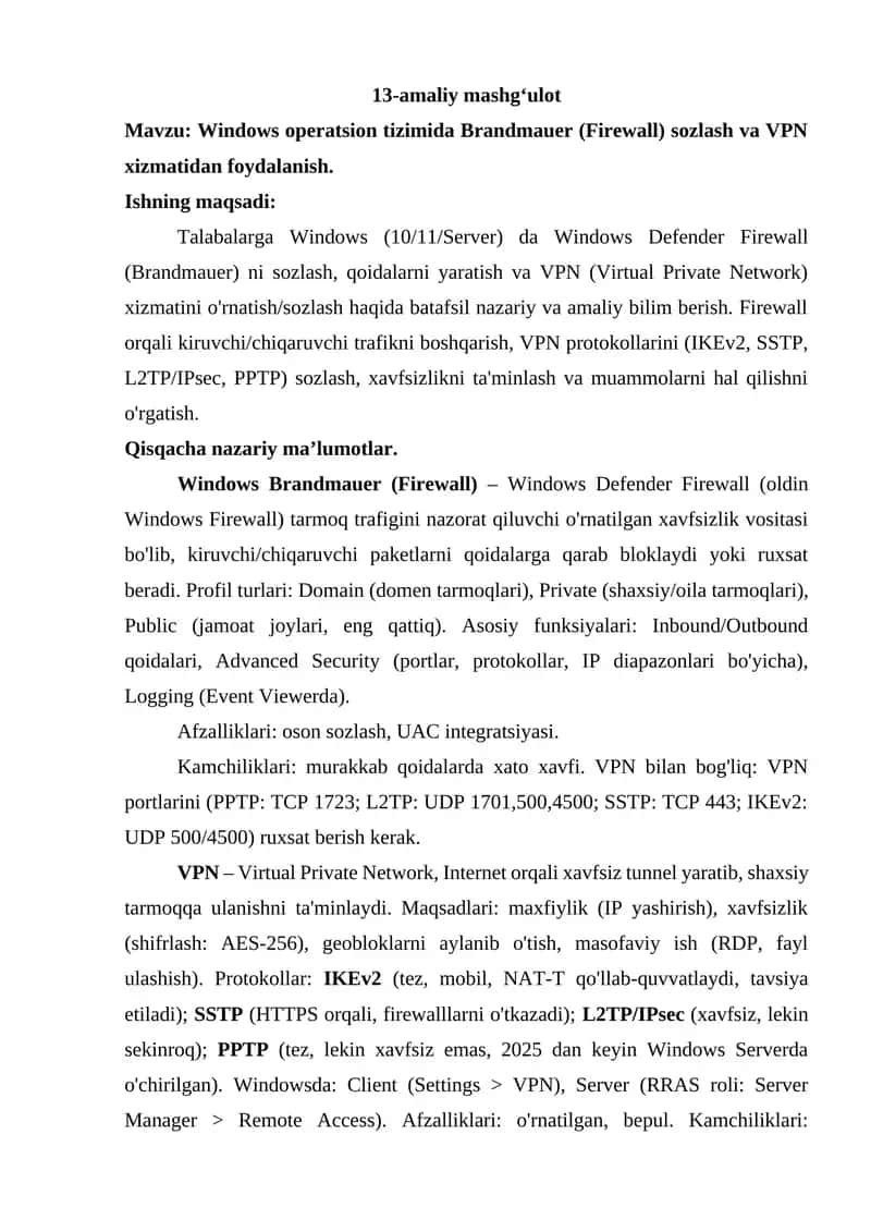 Windows operatsion tizimida Brandmauer (Firewall) sozlash va VPN xizmatidan foydalanish 1