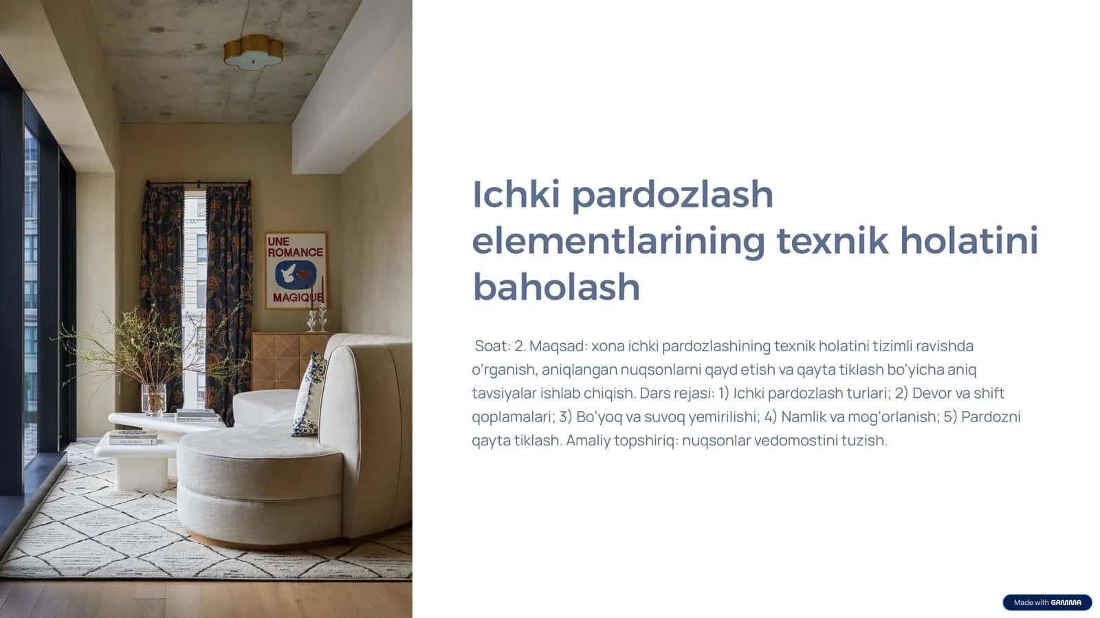 Ichki pardozlash elementlarining texnik holatini baholash.pptx 1