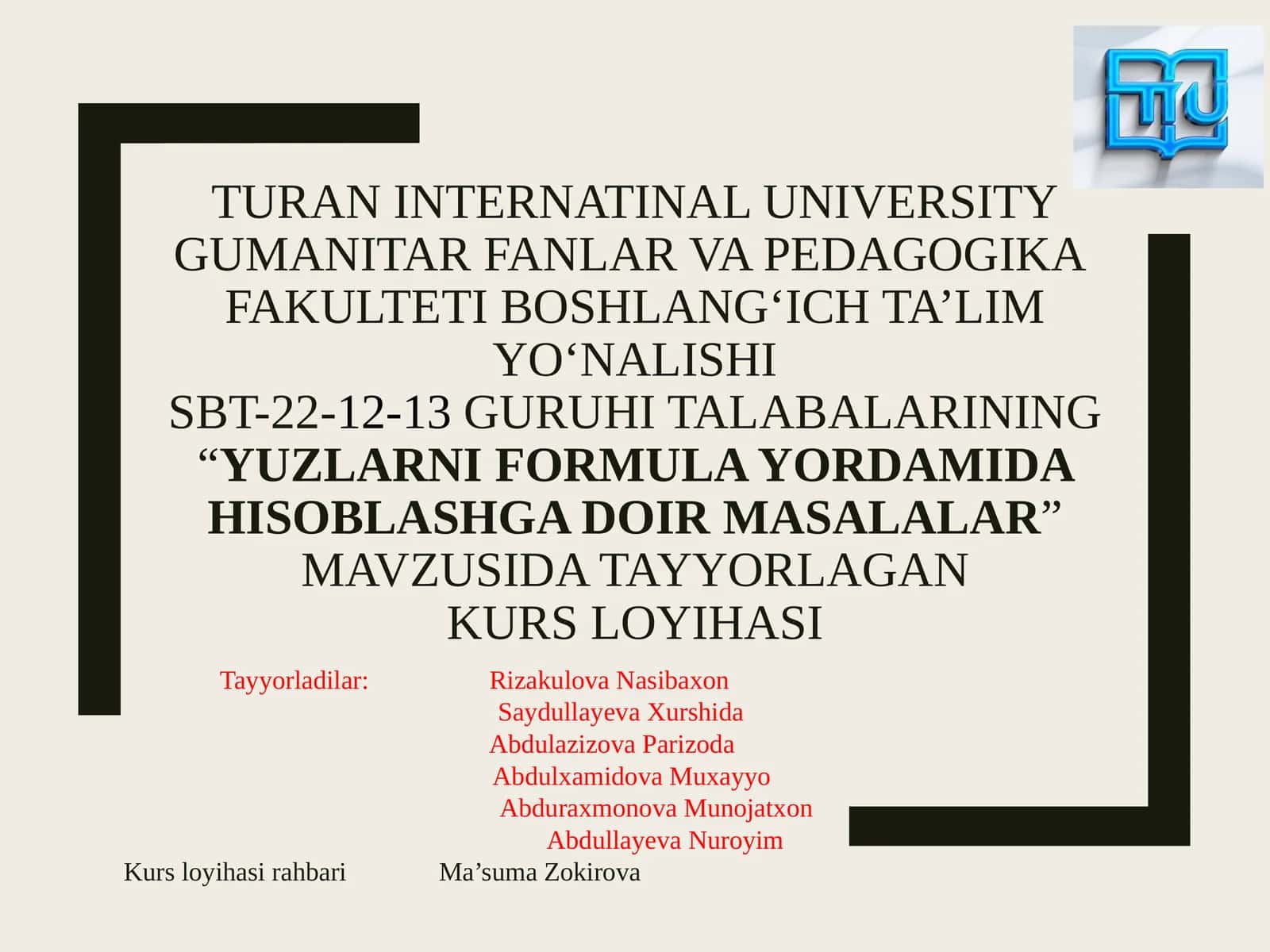 “YUZLARNI FORMULA YORDAMIDA HISOBLASHGA DOIR MASALALAR” 1