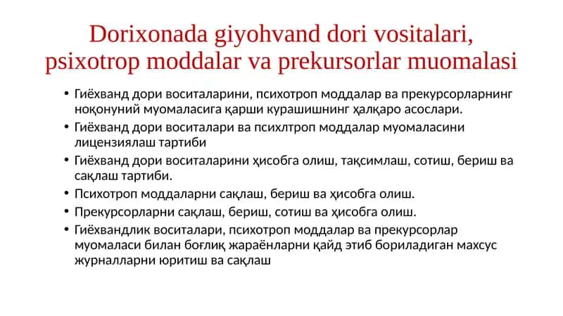 Гиёхванд дори воситалари, психотроп моддалар ва прекурсорлар муомаласи 1