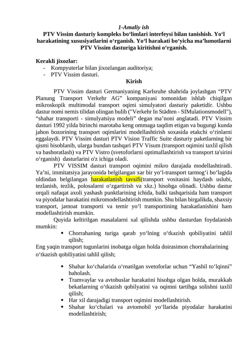 PTV Vissim dasturi 1